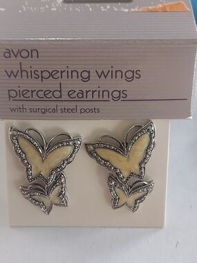 Avon Silver Butterfly Stud Earrings with Yellow Centers